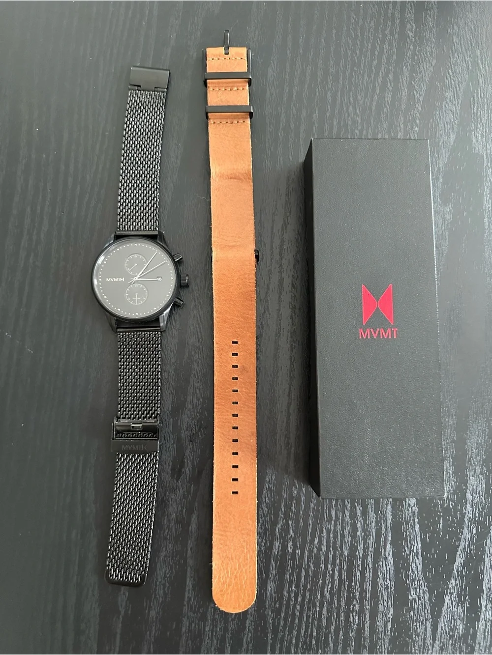 MVMT Black Mesh Chronograph Watch with extra Tan Leather Strap and Box 42mm